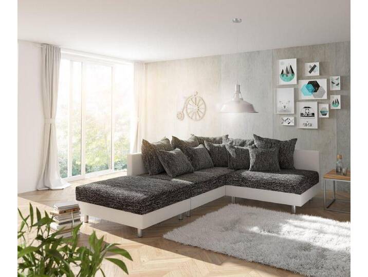 DELIFE Ecksofa Clovis, Weiss Schwarz mit Hocker Ottomane Links Ecksofa Modulsofa, schwarz weiß, Mit Hocker, Schwarz/Weiss von Delife