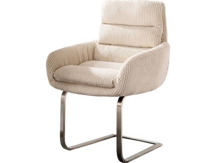 DELIFE Polsterstuhl Abelia-Flex, mit Armlehnen Freischwinger flach Edelstahl Cord Beige, beige weiß, Cord , Edelstahl gebürstet, Freischwinger flach von Delife