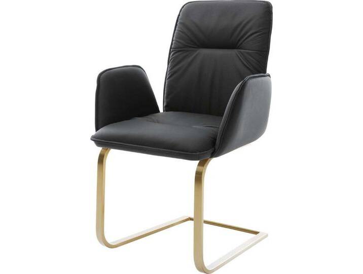 DELIFE Polsterstuhl Vinja-Flex, Freischwinger flach Gold Echt-Leder Schwarz, schwarz, Echt Leder , Edelstahl gold, Freischwinger flach, Schwarz von Delife