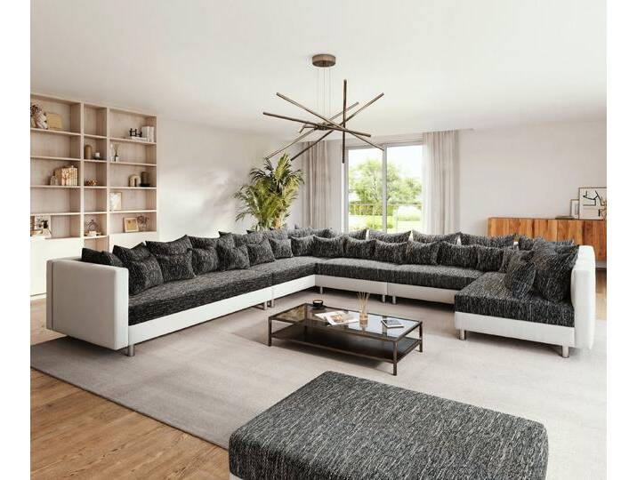 DELIFE Wohnlandschaft Clovis, XXL Weiss Schwarz mit Hocker Ottomane Links Wohnlandschaft, schwarz weiß, Mit Hocker, Schwarz/Weiss von Delife