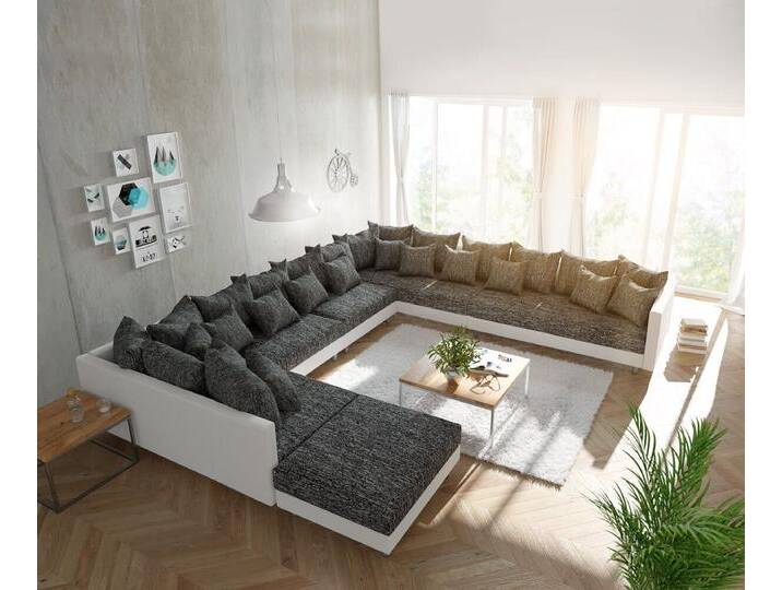 DELIFE Wohnlandschaft Clovis, XXL Weiss Schwarz mit Hocker Ottomane Rechts Wohnlandschaft, schwarz weiß, Mit Hocker, Schwarz/Weiss von Delife