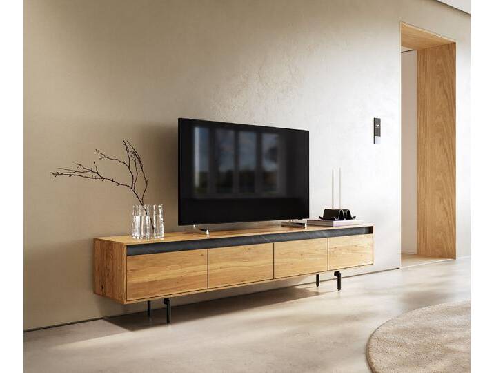 Designer-Lowboard Stonegrace 200 cm Eiche Natur Schiefer 4 Schübe Fuß Oval Metall Schwarz, Lowboards von Delife