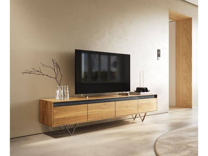 Designer-Lowboard Stonegrace 200 cm Eiche Natur Schiefer 4 Schübe V-Fuß Edelstahl, Lowboards von Delife