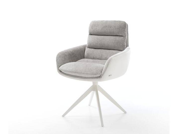 Drehstuhl Abelia-Flex mit Armlehnen Materialmix Echtleder Weiß-Silbergrau Kreuzgestell breit Weiß 360° drehbar Wippfunktion, Esszimmerstühle von Delife