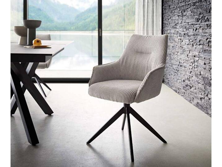 Drehstuhl Alja-Flex mit Armlehnen Cord Silbergrau Kreuzgestell breit Schwarz 360° drehbar Taschenfederkern, Esszimmerstühle von Delife