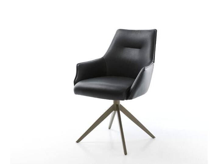 Drehstuhl Alja-Flex mit Armlehnen Echt-Leder Schwarz Kreuzgestell breit Effektfinish Titan 360° drehbar Wippfunktion Taschenfederkern, Esszimmerstühle von Delife