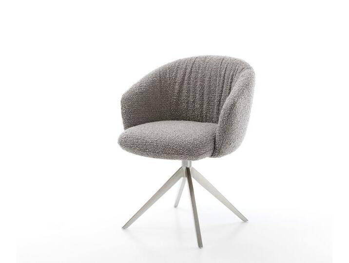 Drehstuhl Caja-Flex mit Armlehnen Bouclé Silbergrau Kreuzgestell breit Edelstahl 360° drehbar Wippfunktion Taschenfederkern, Esszimmerstühle von Delife