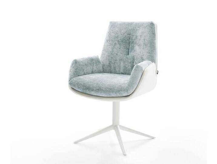 Drehstuhl Clea-Flex Materialmix Echtleder Weiß-Pastellblau Fußkreuz Weiß 360° drehbar Wippfunktion, Esszimmerstühle von Delife