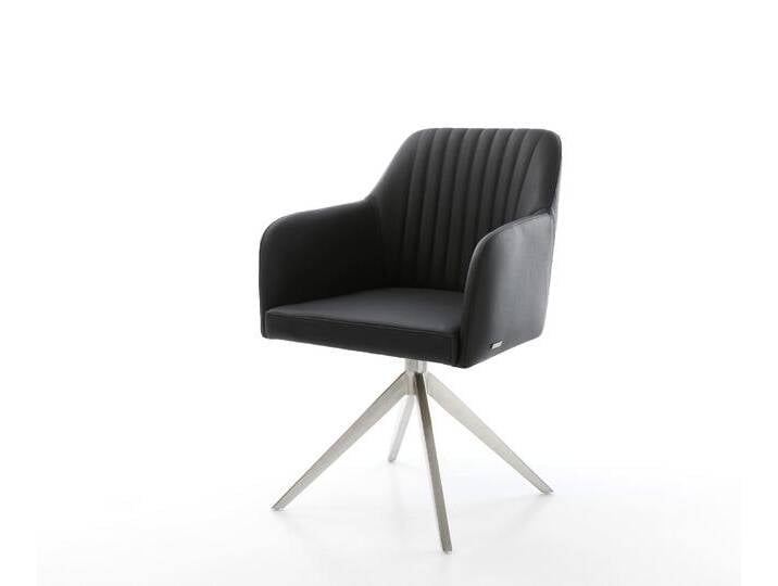 Drehstuhl Greg-Flex Echt-Leder Schwarz Kreuzgestell breit Edelstahl 360° drehbar Wippfunktion Taschenfederkern, Esszimmerstühle von Delife
