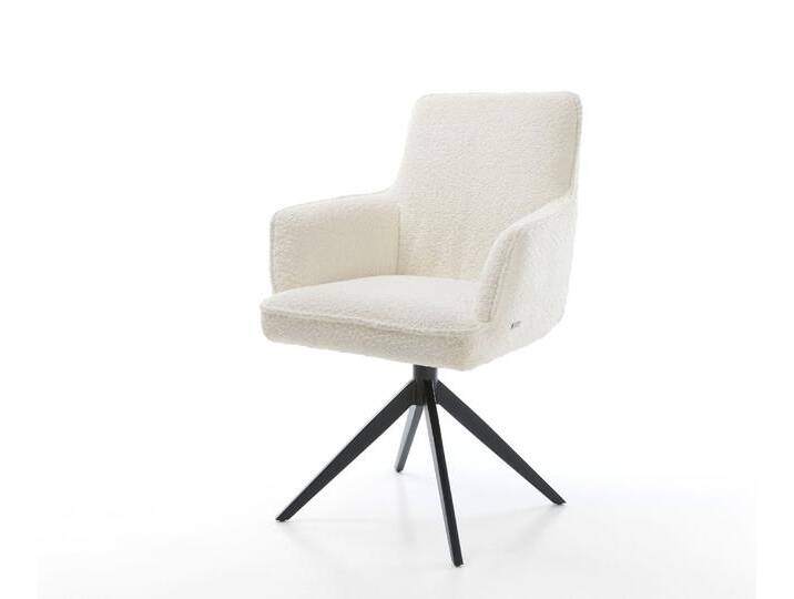 Drehstuhl Heira-Flex mit Armlehnen Bouclé Weiß Kreuzgestell breit Schwarz 360° drehbar Wippfunktion Taschenfederkern, Esszimmerstühle von Delife