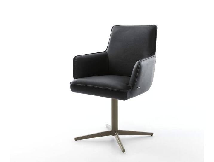 Drehstuhl Heira-Flex mit Armlehnen Echt-Leder Schwarz Fußkreuz Effektfinish Titan 360° drehbar Taschenfederkern, Esszimmerstühle von Delife