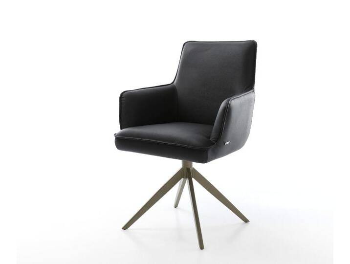 Drehstuhl Heira-Flex mit Armlehnen Echt-Leder Schwarz Kreuzgestell breit Effektfinish Titan 360° drehbar Wippfunktion Taschenfederkern, Esszimmerstühle von Delife