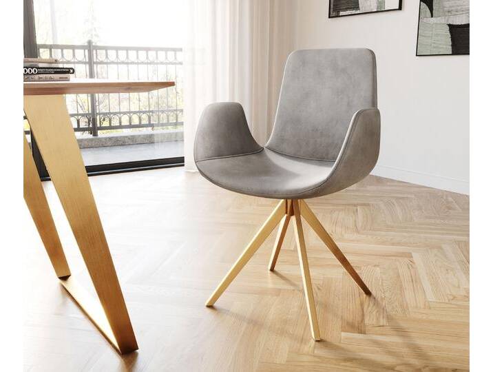 Drehstuhl Ilia-Flex mit Armlehnen Samt Grau Kreuzgestell kantig Gold 180° drehbar, Esszimmerstühle von Delife