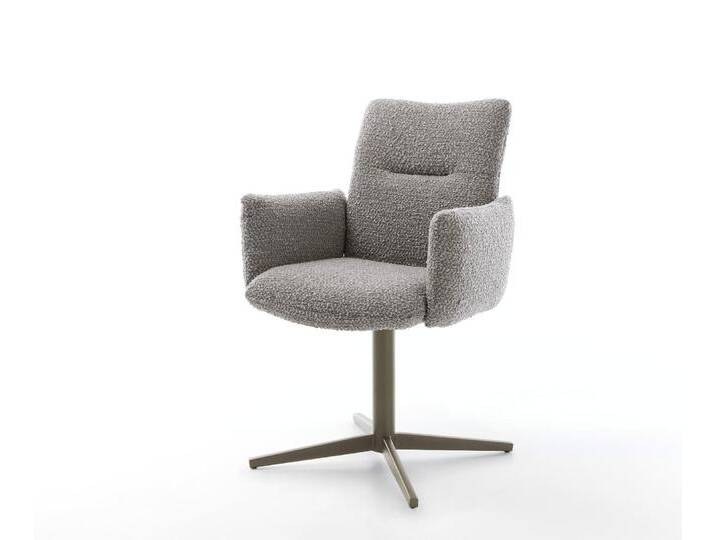 Drehstuhl Jova-Flex mit Armlehnen Bouclé Silbergrau Fußkreuz Effektfinish Titan 360° drehbar Taschenfederkern, Esszimmerstühle von Delife