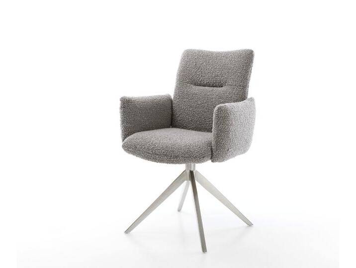 Drehstuhl Jova-Flex mit Armlehnen Bouclé Silbergrau Kreuzgestell breit Edelstahl 360° drehbar Wippfunktion Taschenfederkern, Esszimmerstühle von Delife