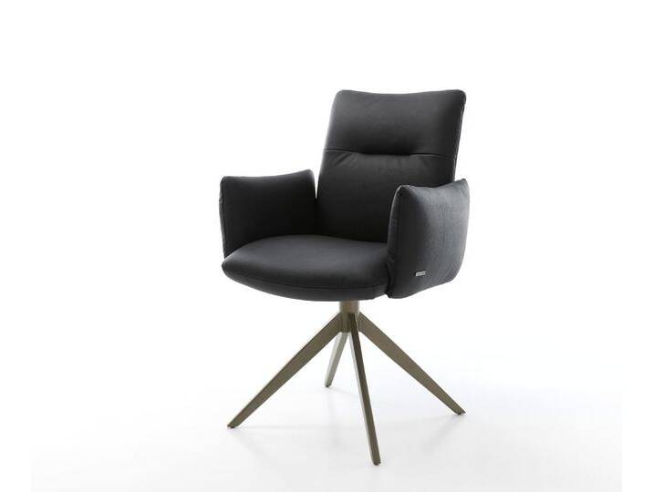 Drehstuhl Jova-Flex mit Armlehnen Echt-Leder Schwarz Kreuzgestell breit Effektfinish Titan 360° drehbar Wippfunktion Taschenfederkern, Esszimmerstühle von Delife