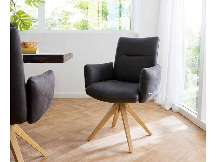 Drehstuhl Jova-Flex mit Armlehnen Mikrofaser Anthrazit Vintage Holzgestell kantig Natur 180° drehbar Taschenfederkern, Esszimmerstühle von Delife