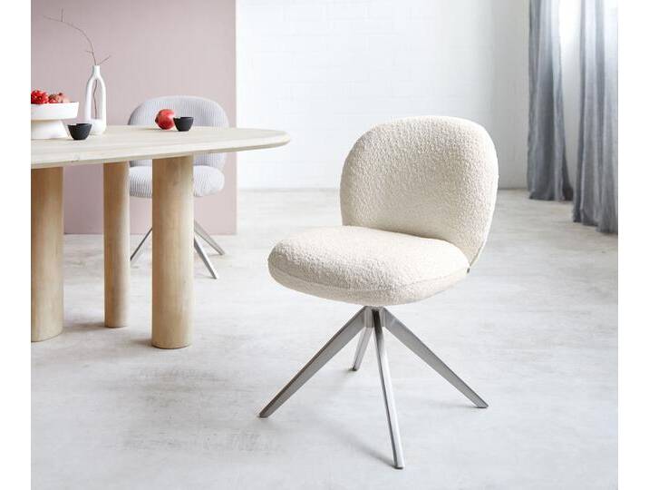 Drehstuhl Nube-Flex Bouclé Weiß Kreuzgestell breit Edelstahl 360° drehbar Taschenfederkern, Esszimmerstühle von Delife