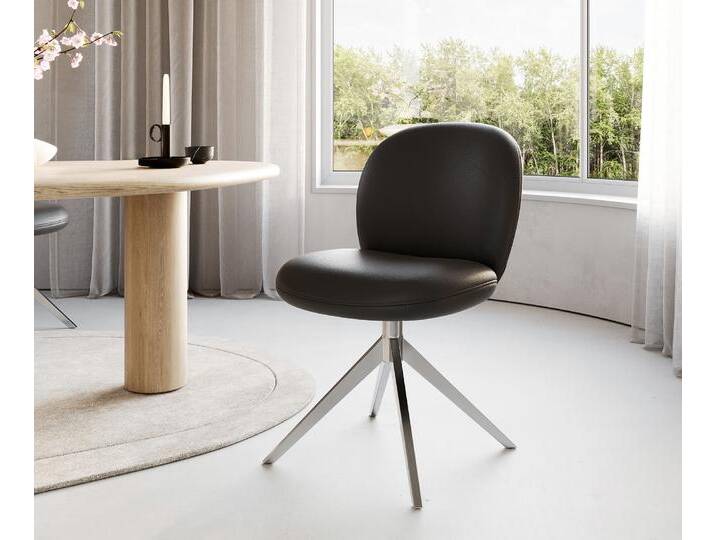 Drehstuhl Nube-Flex Echt-Leder Schwarz Kreuzgestell breit Edelstahl 360° drehbar Taschenfederkern, Esszimmerstühle von Delife