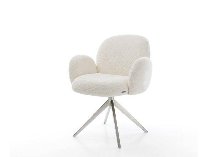 Drehstuhl Nube-Flex mit Armlehnen Bouclé Weiß Kreuzgestell breit Edelstahl 360° drehbar Wippfunktion Taschenfederkern, Esszimmerstühle von Delife