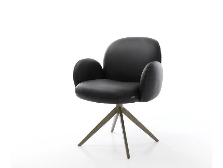 Drehstuhl Nube-Flex mit Armlehnen Echt-Leder Schwarz Kreuzgestell breit Effektfinish Titan 360° drehbar Taschenfederkern, Esszimmerstühle von Delife