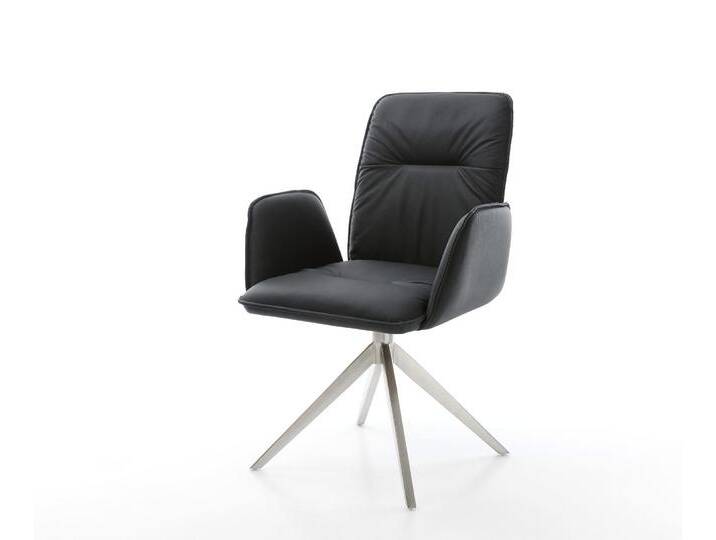 Drehstuhl Vinja-Flex Echt-Leder Schwarz Kreuzgestell breit Edelstahl 360° drehbar Wippfunktion, Esszimmerstühle von Delife