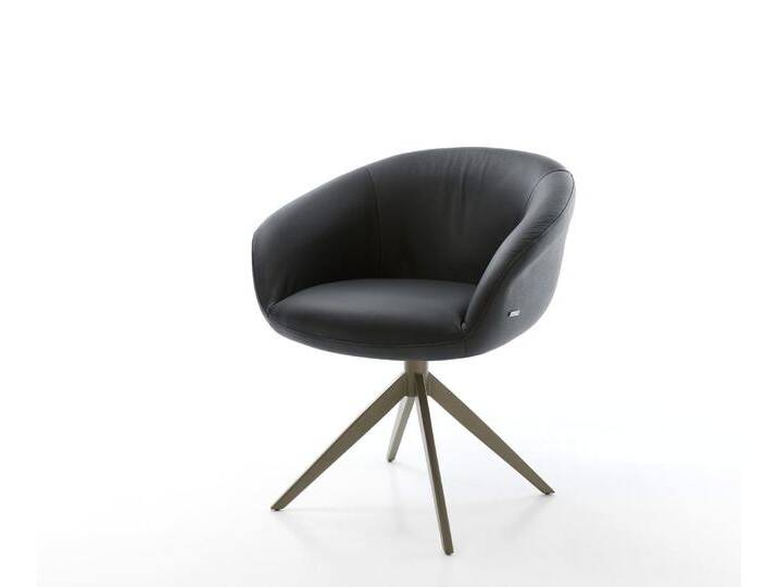 Drehstuhl Vinka-Flex mit Armlehnen Echt-Leder Schwarz Kreuzgestell breit Effektfinish Titan 360° drehbar Wippfunktion Taschenfederkern, Esszimmerstühle von Delife