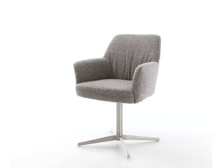 Drehstuhl Xana-Flex mit Armlehnen Bouclé Silbergrau Fußkreuz Edelstahl 360° drehbar Taschenfederkern, Esszimmerstühle von Delife