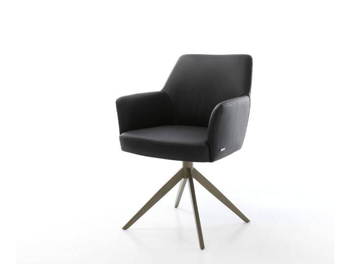 Drehstuhl Xana-Flex mit Armlehnen Echt-Leder Schwarz Kreuzgestell breit Effektfinish Titan 360° drehbar Wippfunktion Taschenfederkern, Esszimmerstühle von Delife