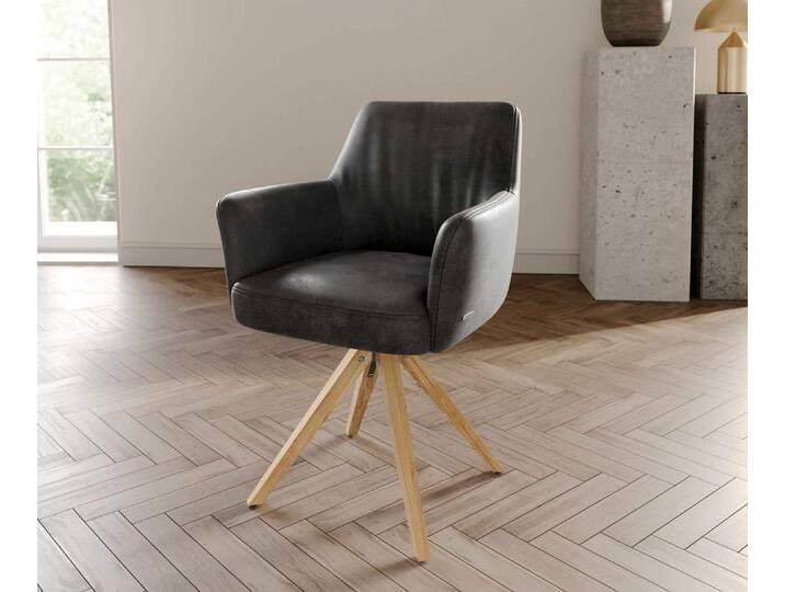 Drehstuhl Xana-Flex mit Armlehnen Mikrofaser Anthrazit Vintage Holzgestell kantig Natur 180° drehbar Taschenfederkern, Esszimmerstühle von Delife