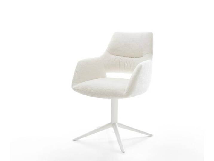 Drehstuhl Yago-Flex mit Armlehnen Bouclé Soft Beige Fußkreuz Weiß 360° drehbar Wippfunktion Taschenfederkern, Esszimmerstühle von Delife