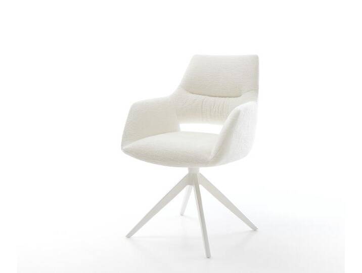 Drehstuhl Yago-Flex mit Armlehnen Bouclé Soft Beige Kreuzgestell breit Weiß 360° drehbar Wippfunktion Taschenfederkern, Esszimmerstühle von Delife
