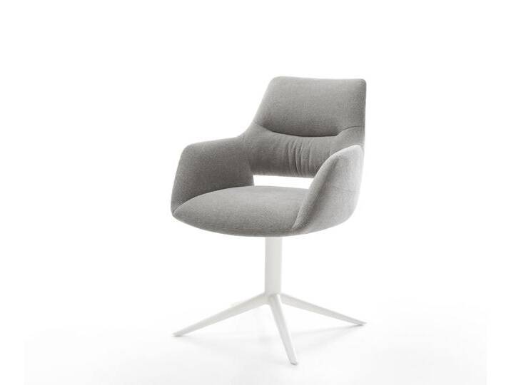 Drehstuhl Yago-Flex mit Armlehnen Strukturstoff Soft Grau Fußkreuz Weiß 360° drehbar Wippfunktion Taschenfederkern, Esszimmerstühle von Delife