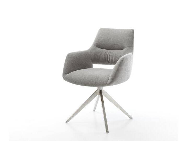 Drehstuhl Yago-Flex mit Armlehnen Strukturstoff Soft Grau Kreuzgestell breit Edelstahl 360° drehbar Wippfunktion Taschenfederkern, Esszimmerstühle von Delife