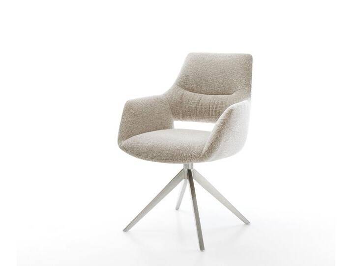 Drehstuhl Yago-Flex mit Armlehnen Webstoff Soft Beige Kreuzgestell breit Edelstahl 360° drehbar Wippfunktion Taschenfederkern, Esszimmerstühle von Delife