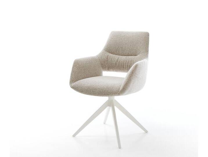 Drehstuhl Yago-Flex mit Armlehnen Webstoff Soft Beige Kreuzgestell breit Weiß 360° drehbar Wippfunktion Taschenfederkern, Esszimmerstühle von Delife