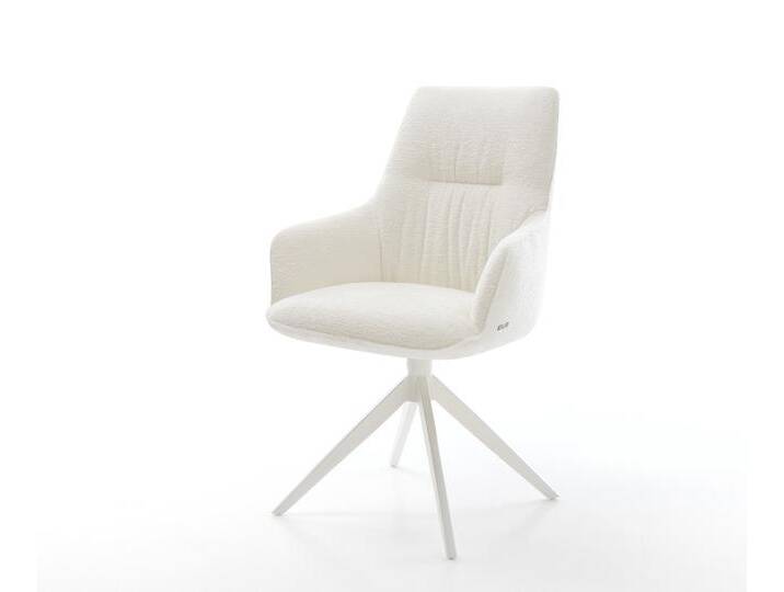 Drehstuhl Zelia-Flex mit Armlehnen Bouclé Soft Beige Kreuzgestell breit Weiß 360° drehbar Wippfunktion Taschenfederkern, Esszimmerstühle von Delife
