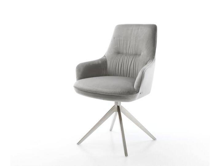 Drehstuhl Zelia-Flex mit Armlehnen Samt Grau Kreuzgestell breit Edelstahl 360° drehbar Wippfunktion Taschenfederkern, Esszimmerstühle von Delife