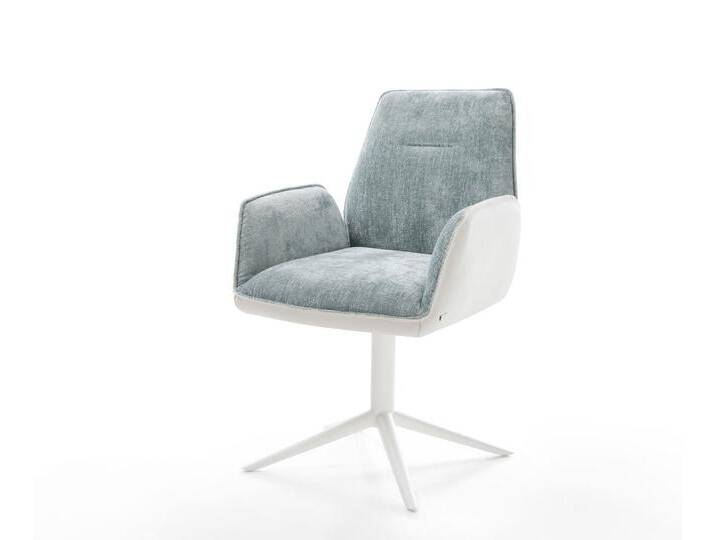 Drehstuhl Zoa-Flex Materialmix Echtleder Weiß-Pastellblau Fußkreuz Weiß 360° drehbar Wippfunktion Taschenfederkern, Esszimmerstühle von Delife