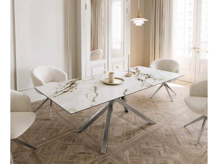 Esstisch Edge 180-220x100 Keramik Calacatta Luxe Weiß-Gold-Grau Kreuzgestell Rechteck Edelstahl ausziehbar, Esstische Esstisch Edge 180-220x100 Keramik Calacatta Luxe Weiß-Gold-Grau Kreuzgestell Rechteck Edelstahl ausziehbar, Esstische von Delife