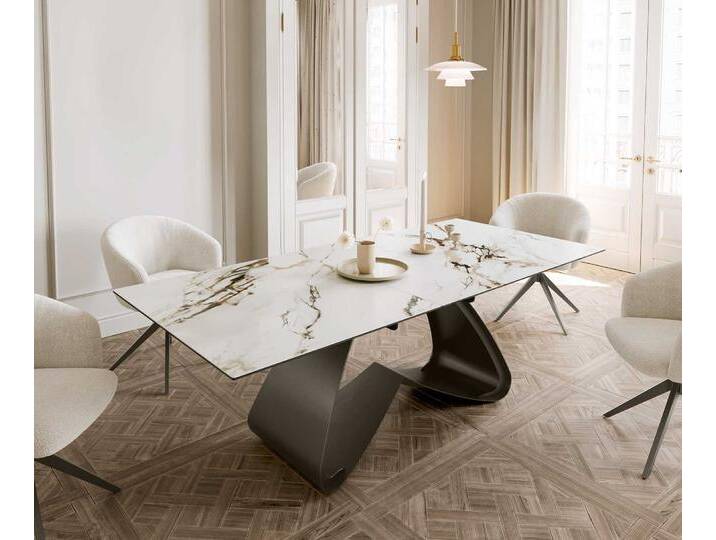 Esstisch Edge 180-220x100 Keramik Calacatta Luxe Weiß-Gold-Grau W-Gestell Effektfinish Titan Ausziehbar, Esstische von Delife