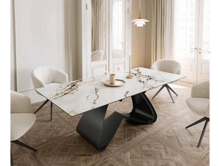 Esstisch Edge 180-220x100 Keramik Calacatta Luxe Weiß-Gold-Grau W-Gestell Schwarz ausziehbar, Esstische von Delife