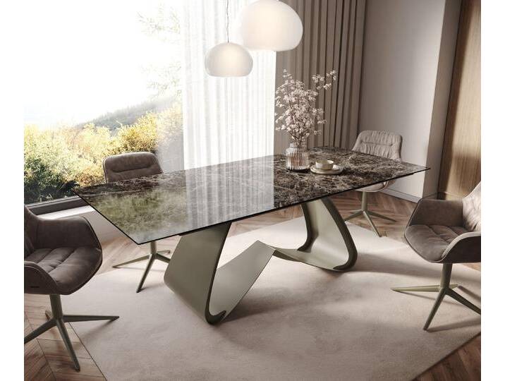 Esstisch Edge 180-220x100 Keramik Laminam® Emperador Extra Lucidato Dunkelbraun W-Gestell Effektfinish Titan ausziehbar, Esstische von Delife