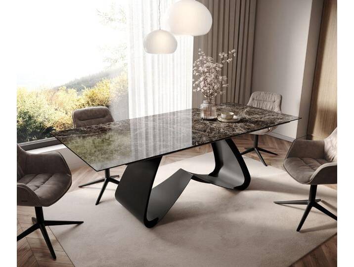 Esstisch Edge 180-220x100 Keramik Laminam® Emperador Extra Lucidato Dunkelbraun W-Gestell Schwarz ausziehbar, Esstische von Delife
