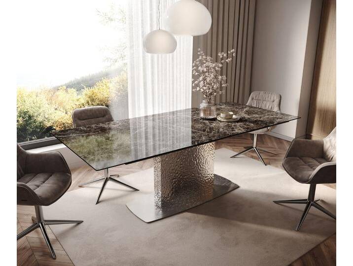Esstisch Edge 180-220x100 Keramik Laminam® Emperador Extra Lucidato Dunkelbraun Wave Edelstahl ausziehbar, Esstische von Delife