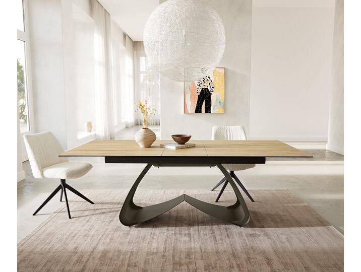 Esstisch Edge 180-220x100 Keramik Laminam® Sabbia Eichefarbig W-Gestell Effektfinish Titan Ausziehbar, Esstische von Delife