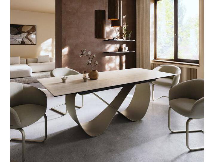 Esstisch Edge 180-220x100 Keramik Laminam® Travertino Bianco Creme-Weiß Infinity Metall Effektfinish Titan ausziehbar, Esstische von Delife