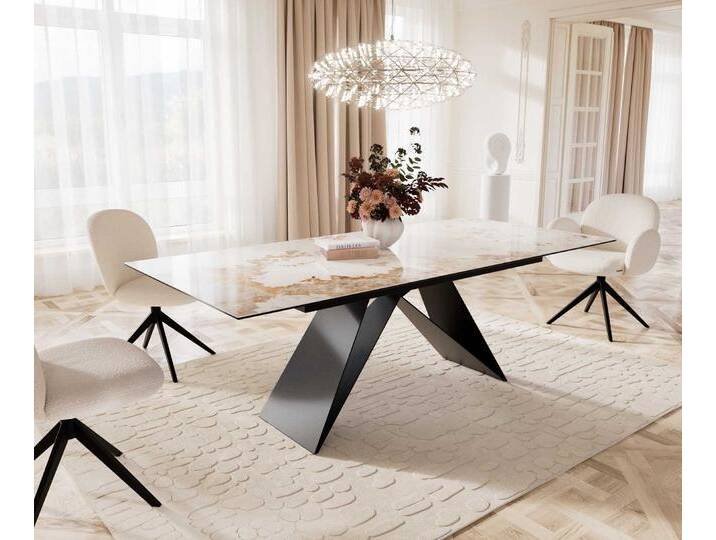 Esstisch Edge 180-220x100 Keramik Minas Melange Weiß-Beige V-Gestell Flachstahl Schwarz ausziehbar, Esstische Esstisch Edge 180-220x100 Keramik Minas Melange Weiß-Beige V-Gestell Flachstahl Schwarz ausziehbar, Esstische von Delife