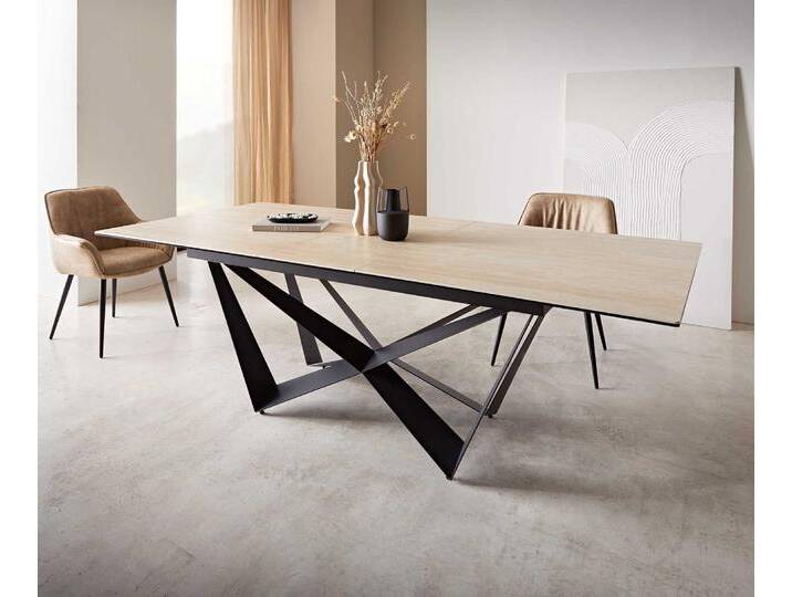 Esstisch Edge 180-220x100 Keramik Travertin Natur Spider Flachstahl Schwarz ausziehbar, Esstische Esstisch Edge 180-220x100 Keramik Travertin Natur Spider Flachstahl Schwarz ausziehbar, Esstische von Delife