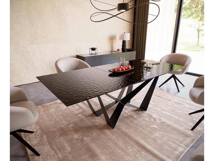 Esstisch Edge 180-220x100 Reliefglas Rauchschwarz 3D-Design Spider Flachstahl Schwarz ausziehbar, Esstische von Delife